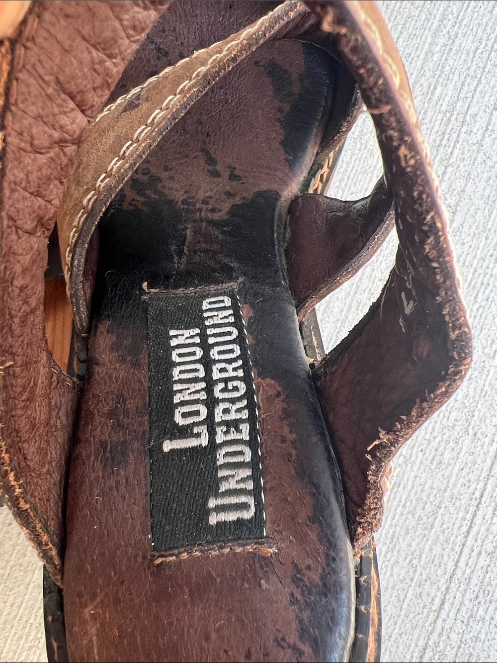 London Underground Y2K Vintage Brown Leather Strappy platform Wooden Sandals - Picture 12 of 13